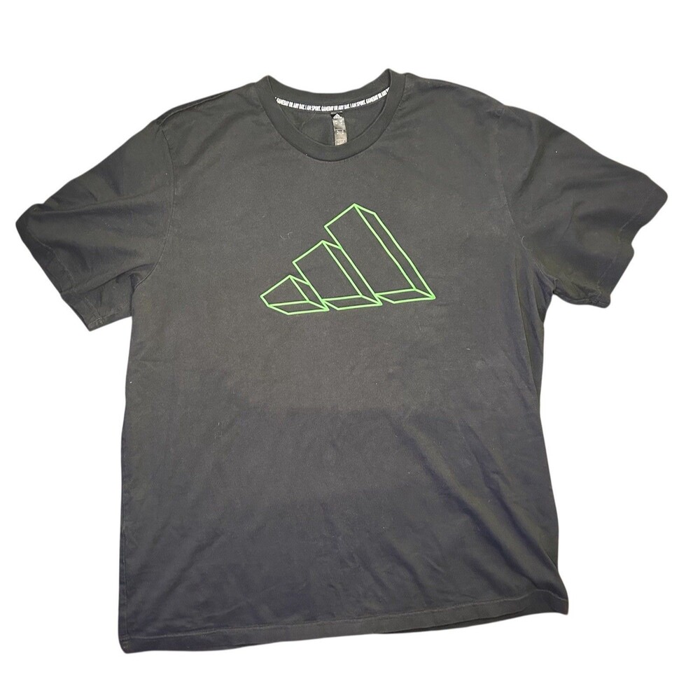 Men’s Adidas XL Black T-Shirt Green Logo Front & Back Neck Streetwear